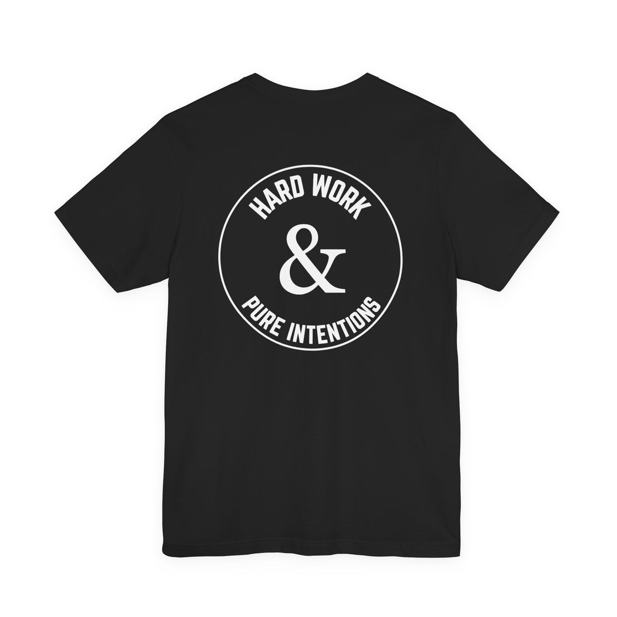 Back of a black Hard Work & Pure Intentions T-shirt with a white circular design and a large central ampersand.