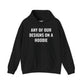 Black pullover hoodie mockup with a front pouch pocket and white Any of Our Designs on a Hoodie text.