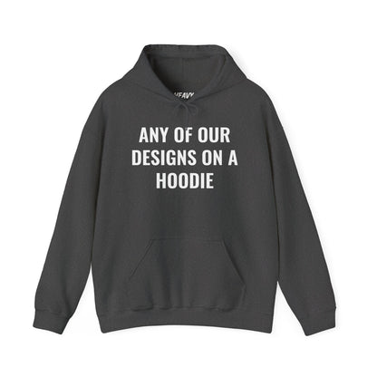 Pullover hoodie showing placeholder text for a Heavy//Heavy graphic design.
