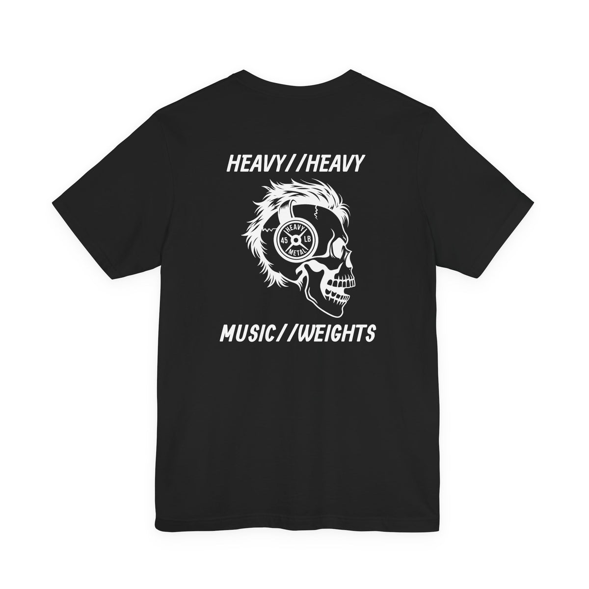 Back of a black Heavy//Heavy T-shirt with a white skull wearing weight plate headphones between Heavy//Heavy and Music//Weights lettering.